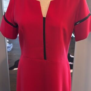Red Short-Sleeve Midi Dress with Black Trim